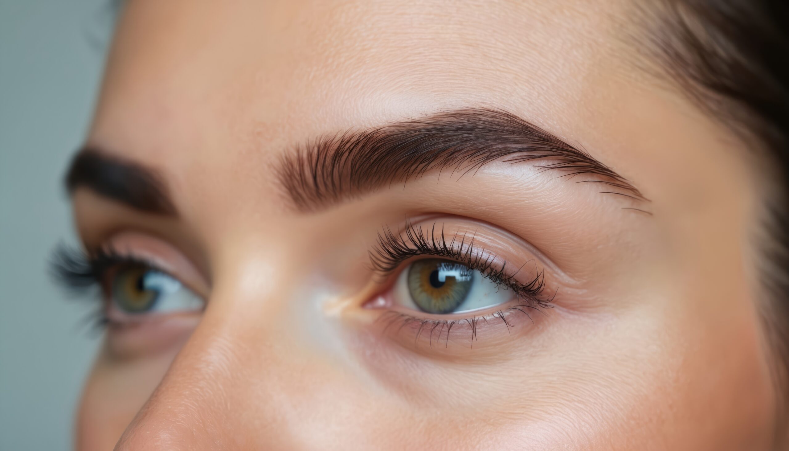 Close-up portrait of woman eye after eyebrow correction, lamination. Features meticulously shaped, smoothed, styled brown eyebrows, long eyelashes. Natural makeup highlights green eye, healthy skin.